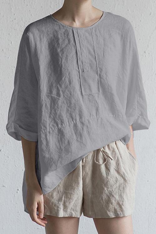 O Neck Slit Back Loose Linen Blouse