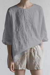 O Neck Slit Back Loose Linen Blouse