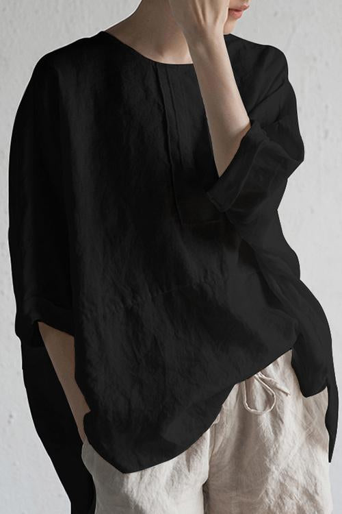 O Neck Slit Back Loose Linen Blouse