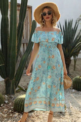 Boho Maxi Dress, Off  Shoulder Dress, Wild Rose Maya Blue
