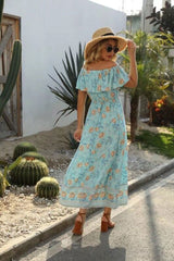 Boho Maxi Dress, Off  Shoulder Dress, Wild Rose Maya Blue