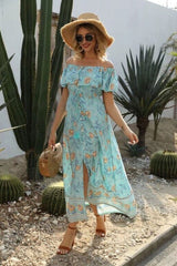 Boho Maxi Dress, Off  Shoulder Dress, Wild Rose Maya Blue