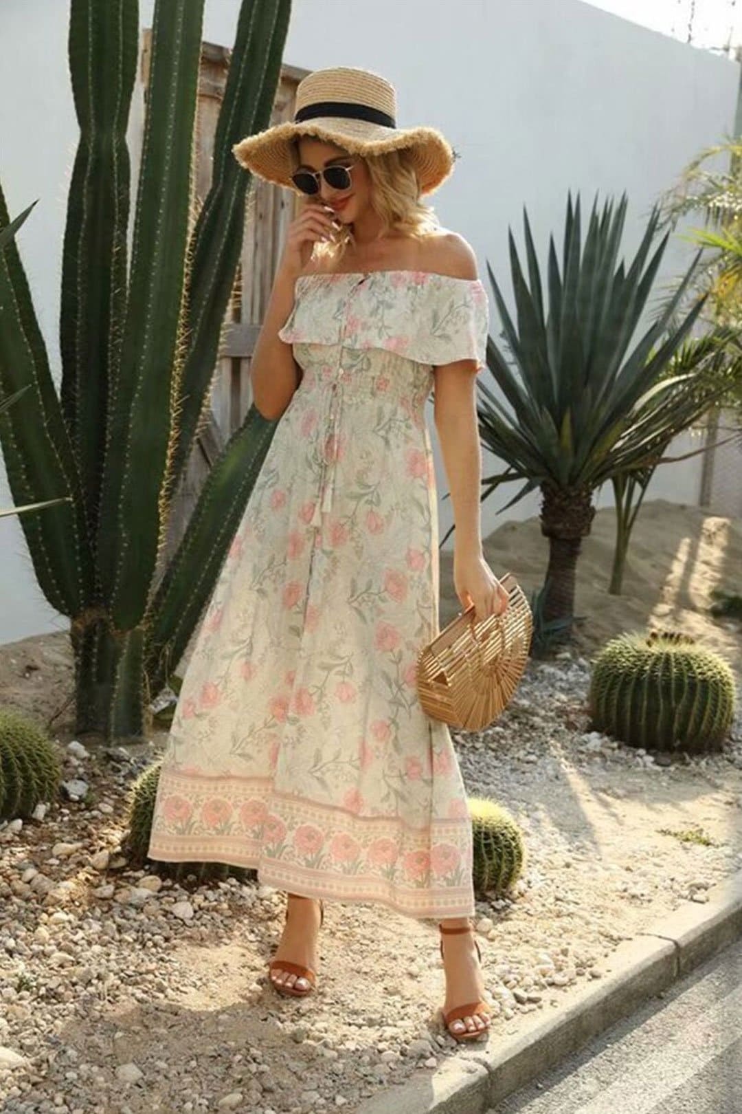 Boho Maxi Dress, Off  Shoulder Dress, Wild Rose White Smoke