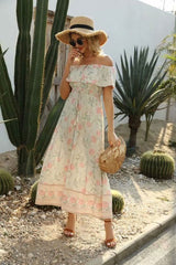 Boho Maxi Dress, Off  Shoulder Dress, Wild Rose White Smoke