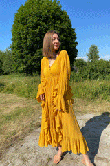 Maxi Dress, Boho Vintage Pleated Dress, Josephine Gown in Purple, Pink  Brown and Yellow