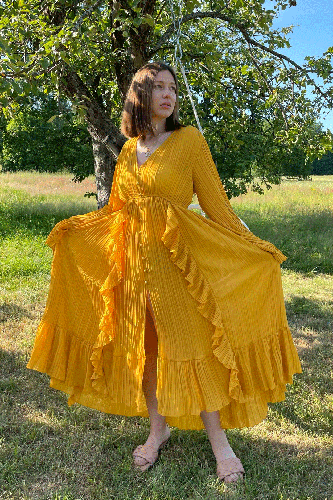 Maxi Dress, Boho Vintage Pleated Dress, Josephine Gown in Blue, Yellow, Orange and Pink