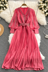 Maxi Dress, Boho Vintage Pleated Dress, Beau Gown in Blue, Yellow, Orange and Pink