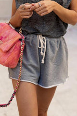 Unfinished Hems Pockets Drawstring Shorts
