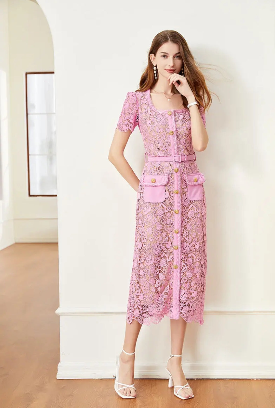 Vintage Boho Midi Dress - Pink Fusia | Embroidered Lace Bohemian Style Dress