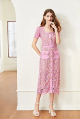Vintage Boho Midi Dress - Pink Fusia | Embroidered Lace Bohemian Style Dress