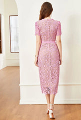 Vintage Boho Midi Dress - Pink Fusia | Embroidered Lace Bohemian Style Dress