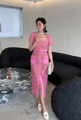 Vintage Boho Midi Dress - Pink Fusia | Embroidered Lace Bohemian Style Dress