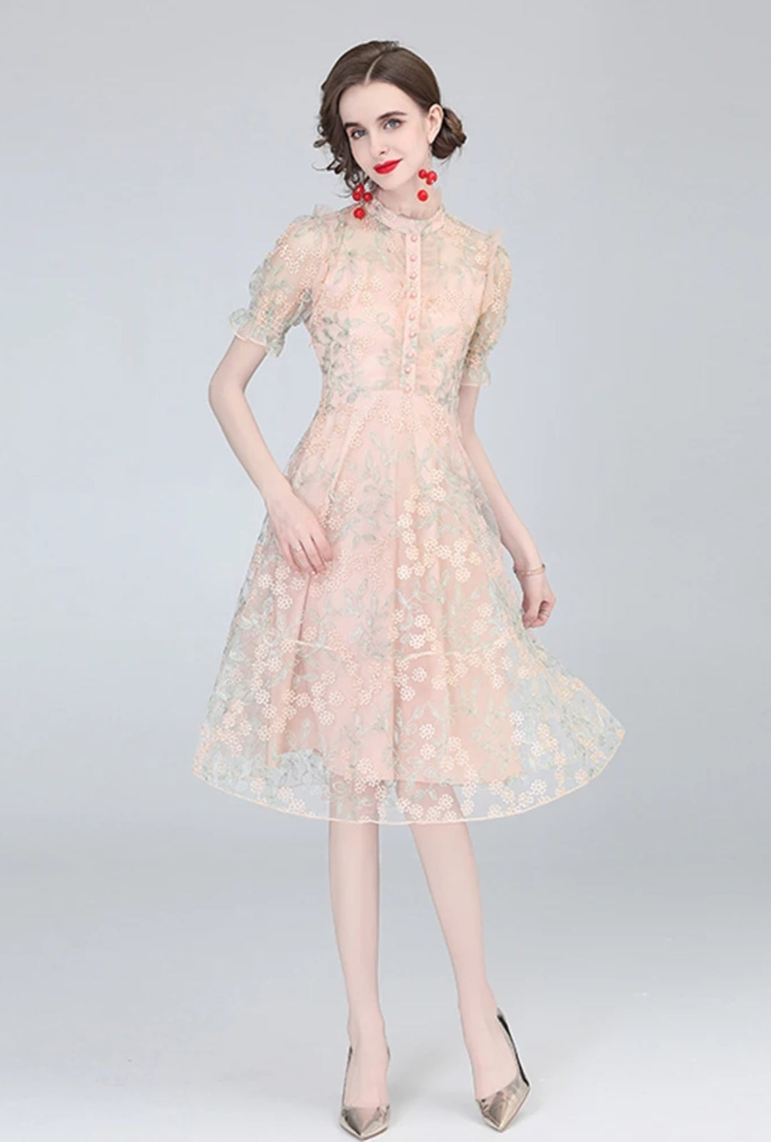 Vintage Boho Midi Dress - Pink Amelia | Embroidered Lace Bohemian Style Dress