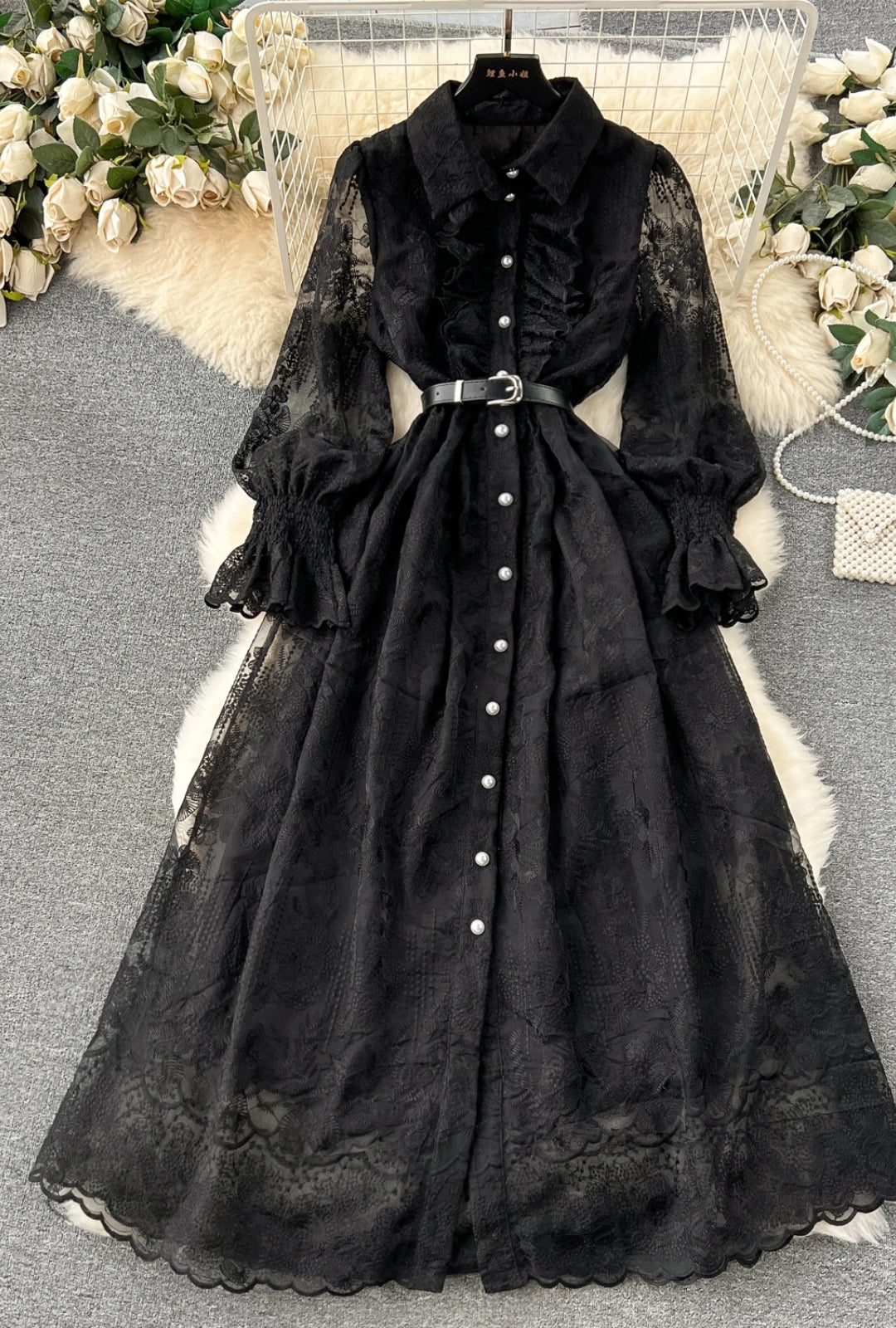 Vintage Boho Maxi Dress - Embroidered Lace Bohemian Style Dress with Black and White Lace Dress Gianna
