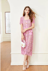 Vintage Boho Midi Dress - Pink Fusia | Embroidered Lace Bohemian Style Dress