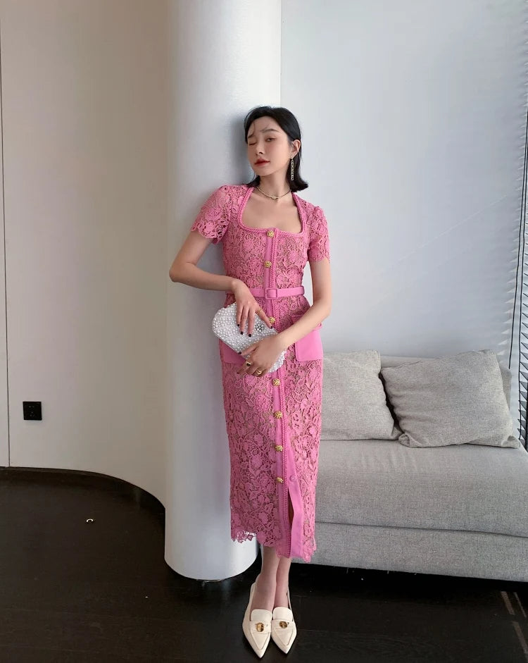 Vintage Boho Midi Dress - Pink Fusia | Embroidered Lace Bohemian Style Dress