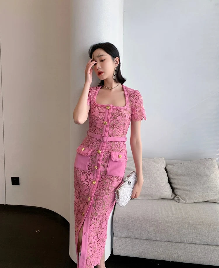 Vintage Boho Midi Dress - Pink Fusia | Embroidered Lace Bohemian Style Dress