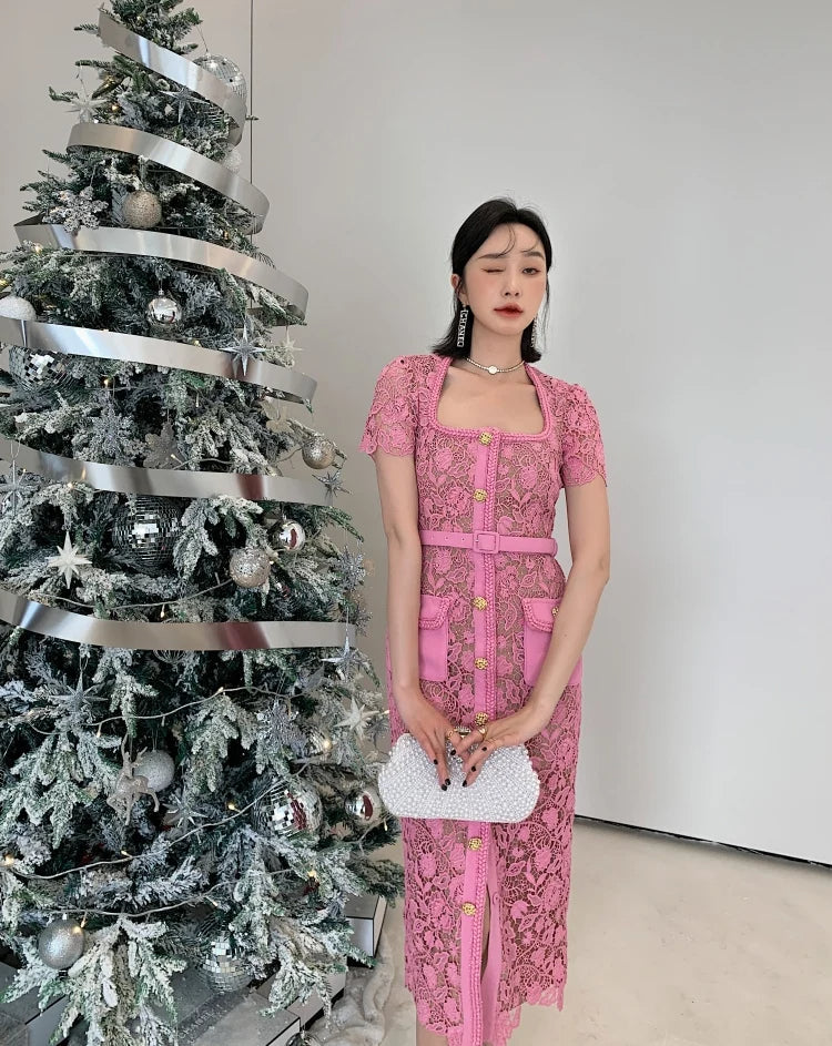 Vintage Boho Midi Dress - Pink Fusia | Embroidered Lace Bohemian Style Dress