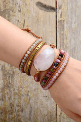 Boho Bracelet, 5 Layers Leather Wrap Bracelet, Natural Stone, Pink Tourmaline