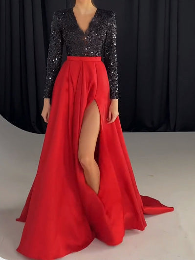 Women's Dresses Sequin V-Neck Long Sleeve Slit Dress