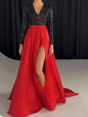 Women's Dresses Sequin V-Neck Long Sleeve Slit Dress