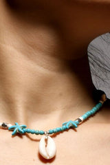 Boho Necklace, Hippie Blue Shell & Starfish