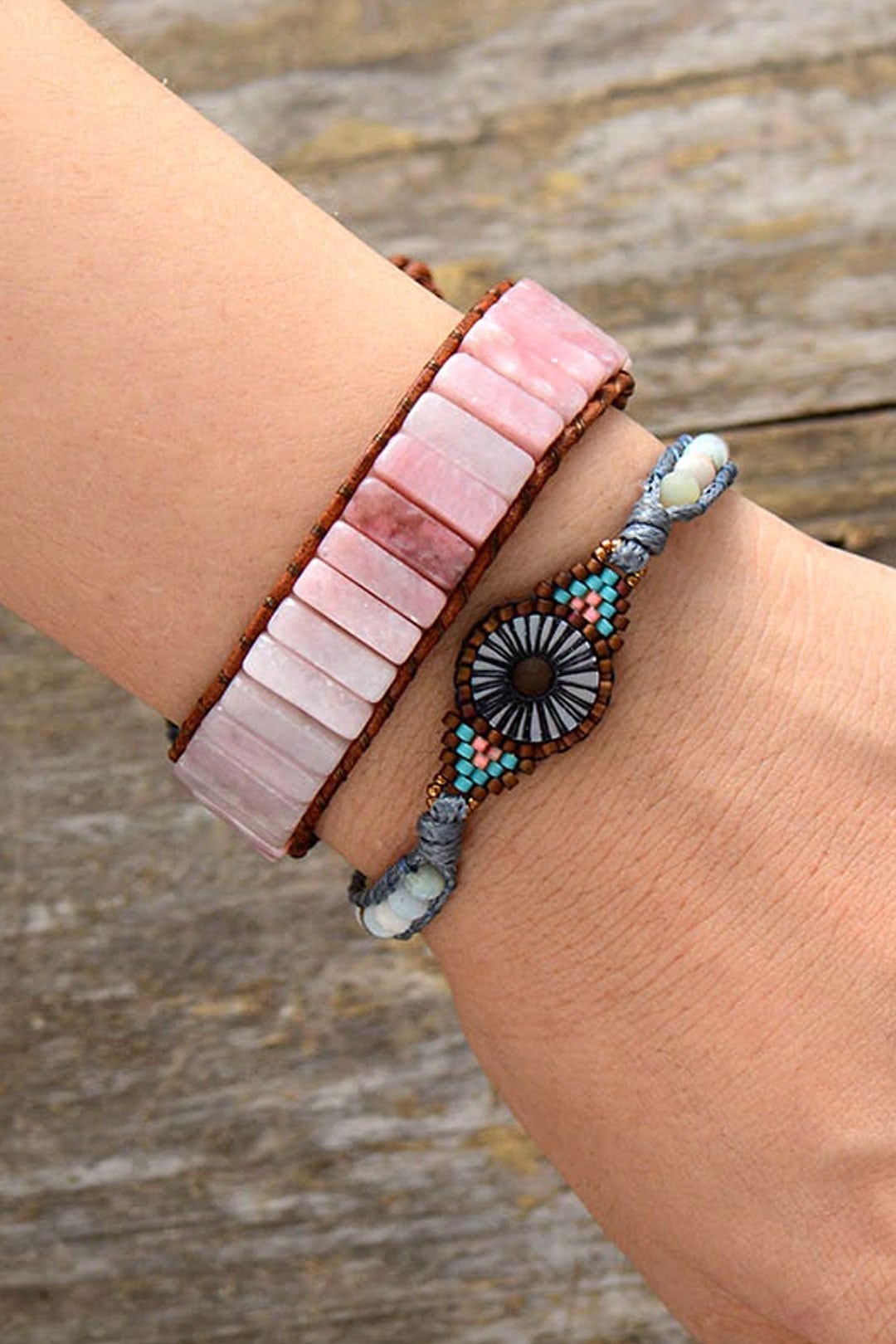 Boho Bracelet, Leather Wrap Bracelet, Tube Natural Pink Stone