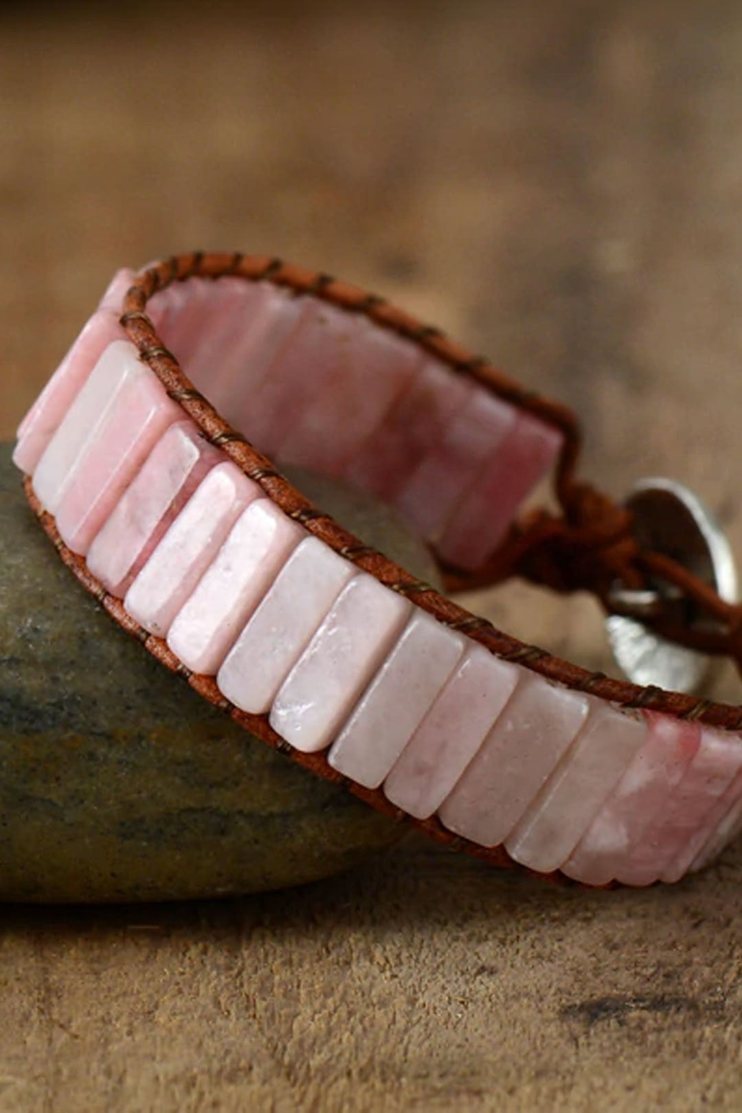 Boho Bracelet, Leather Wrap Bracelet, Tube Natural Pink Stone