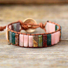 Boho Bracelet, Leather Wrap Bracelet, Tube Natural Pink Stone
