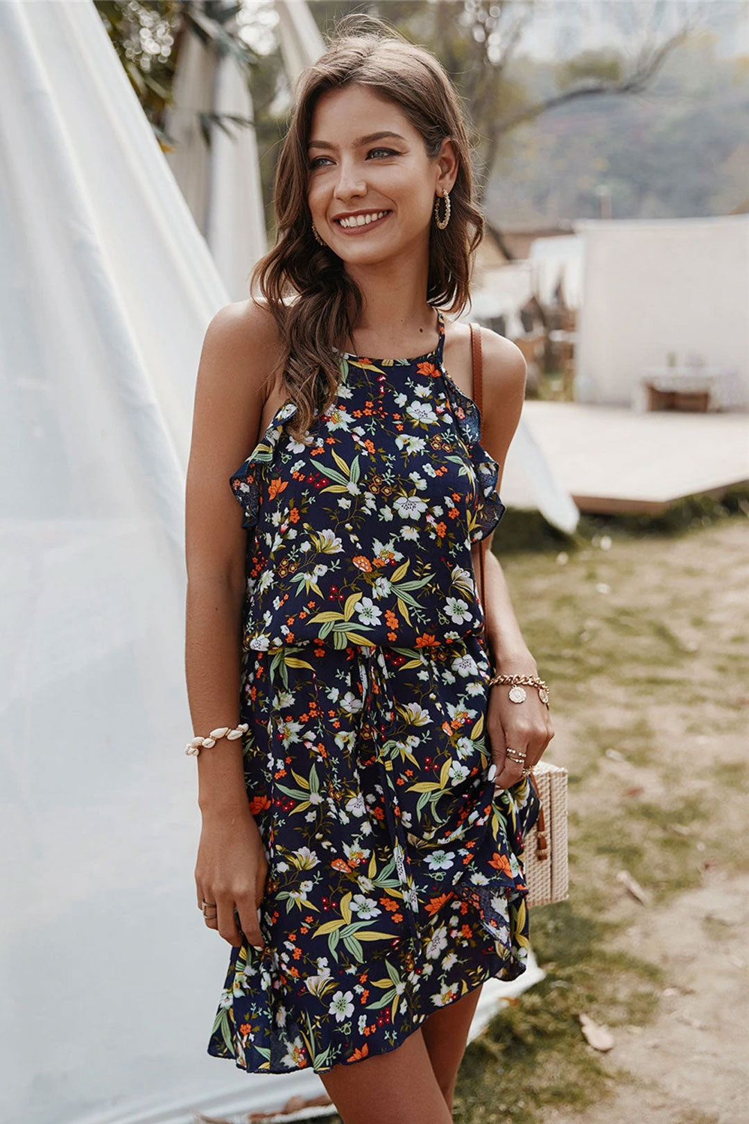 Boho Mini Dress  Sundress, Wild Lily in Navy Blue