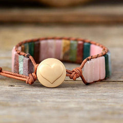 Boho Bracelet, Leather Wrap Bracelet, Tube Natural Pink Stone