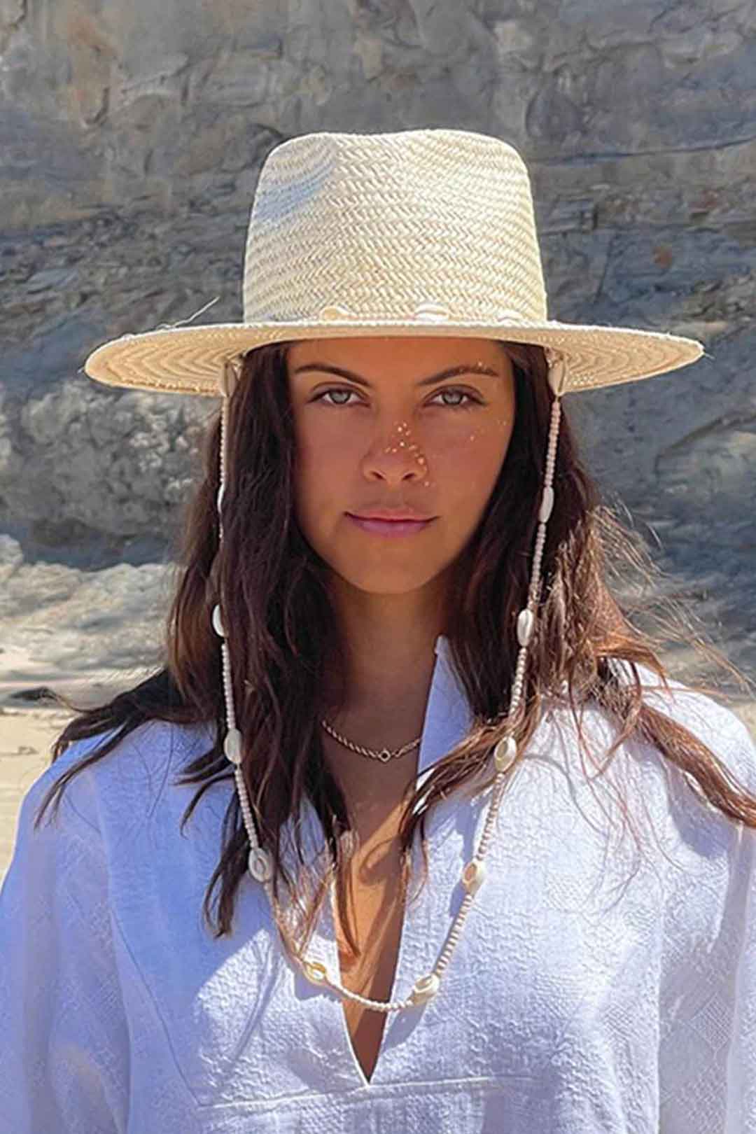 Boho Hat, Sun Hat, Beach Hat, Paper Straw Hat, Chloe Brown and Beige with Shell