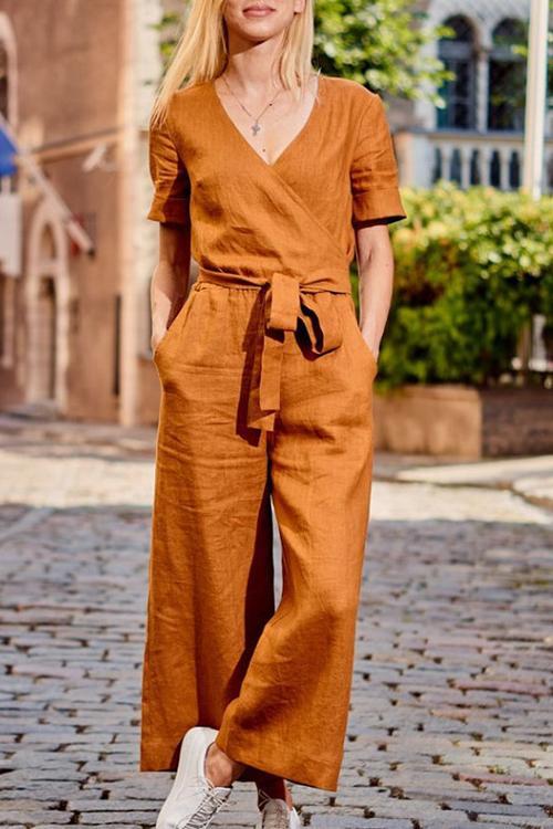 Loose Linen Wrap Jumpsuit
