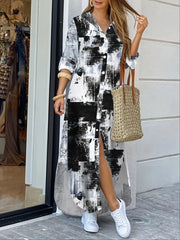 Button Solid Color Irregular Hem Maxi Shirt Dress
