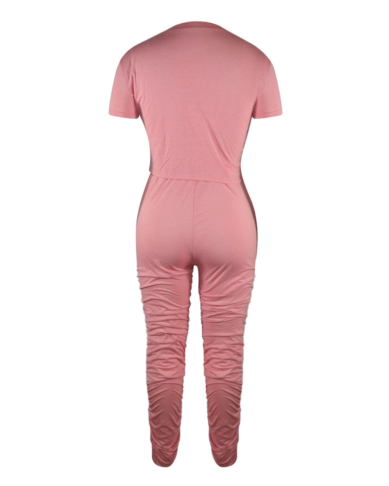 Solid Crop Top & Drawstring Ruched Pants Set