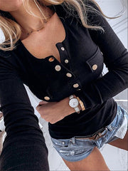 Fashion Long Sleeve Solid Color Button-s Ribbed Slim Blouse