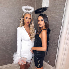 Sexy Deep V-Neck Long Sleeve Feather Mini Dress