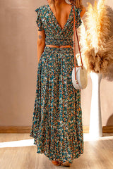 V Neck Ruffle Crop Top High Waist Maxi Skirt Floral Set