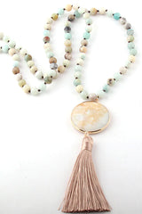 Boho Necklace, RH Amazonite Jasper, Circle Tassel Green White Natural Stone