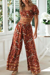 Boho Two Piece Set, Two Piece Pants Set, Wild Floral in Sienna Brown