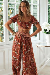 Boho Two Piece Set, Two Piece Pants Set, Wild Floral in Sienna Brown