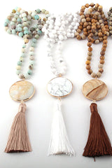 Boho Necklace, RH Amazonite Jasper, Circle Tassel Green White Natural Stone