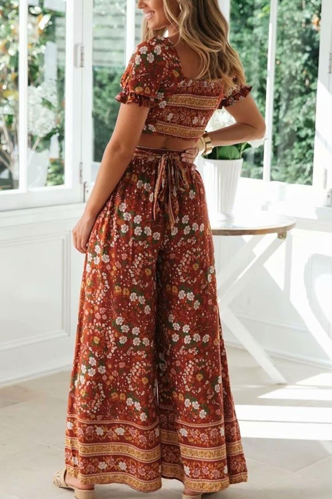 Boho Two Piece Set, Two Piece Pants Set, Wild Floral in Sienna Brown