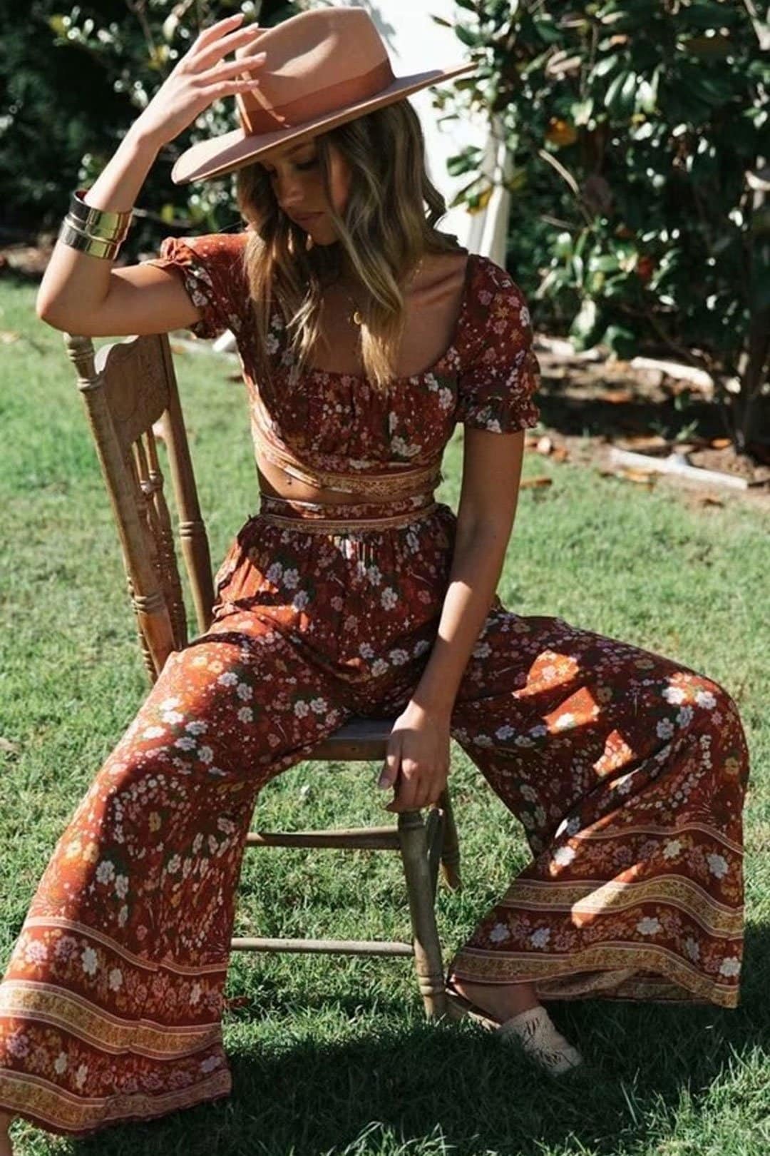 Boho Two Piece Set, Two Piece Pants Set, Wild Floral in Sienna Brown