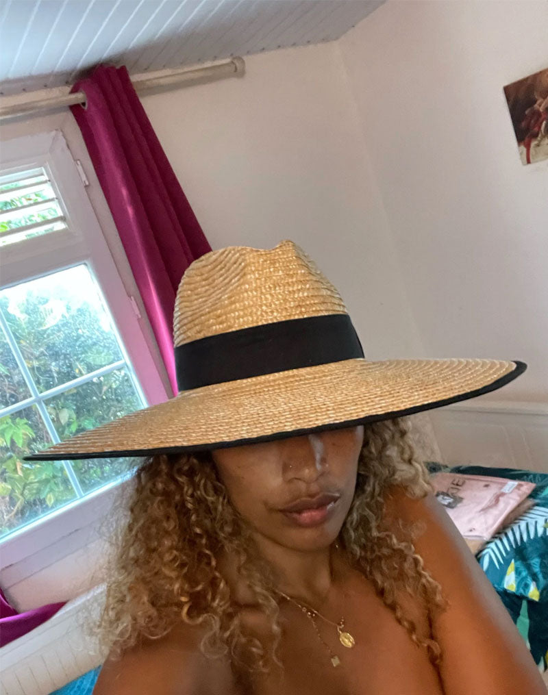 Boho Hat, Sun Hat, Beach Hat, Wide Brim Straw Hat,  Beige and Black Ribbon