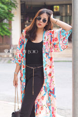 Boho Robe, Kimono Robe,  Beach Cover up, Red  Plum Blossom Seagul