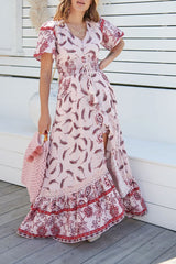 Boho Maxi Dress, Feather in Pink