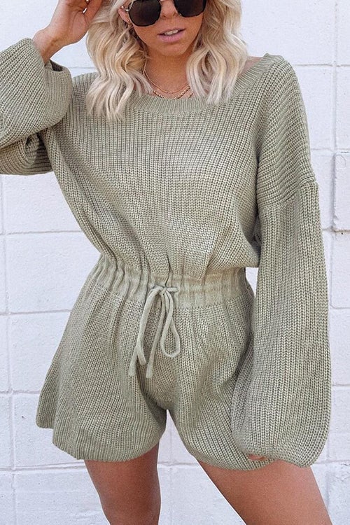 O Neck Puff Long Drawstring Sweater Romper