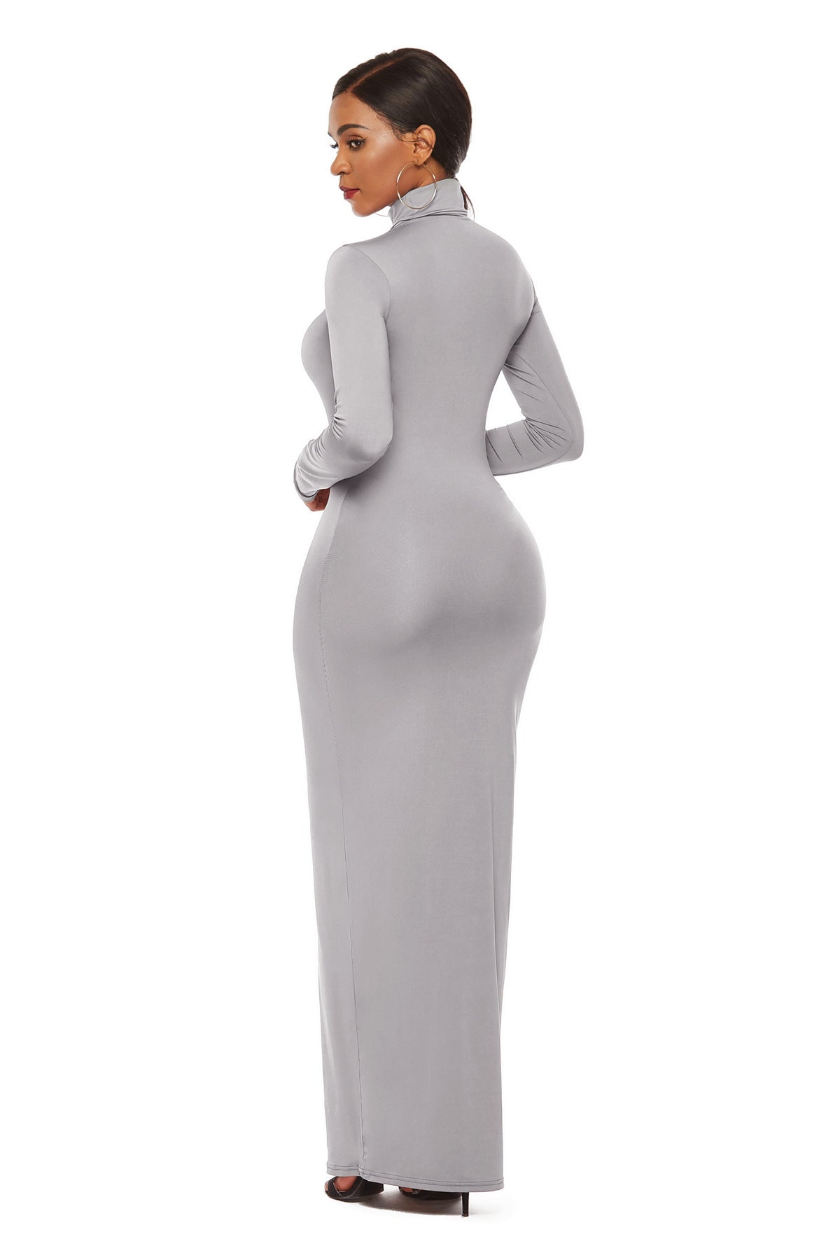 Turtleneck Long Sleeve Solid Color Bodycon Maxi Dress