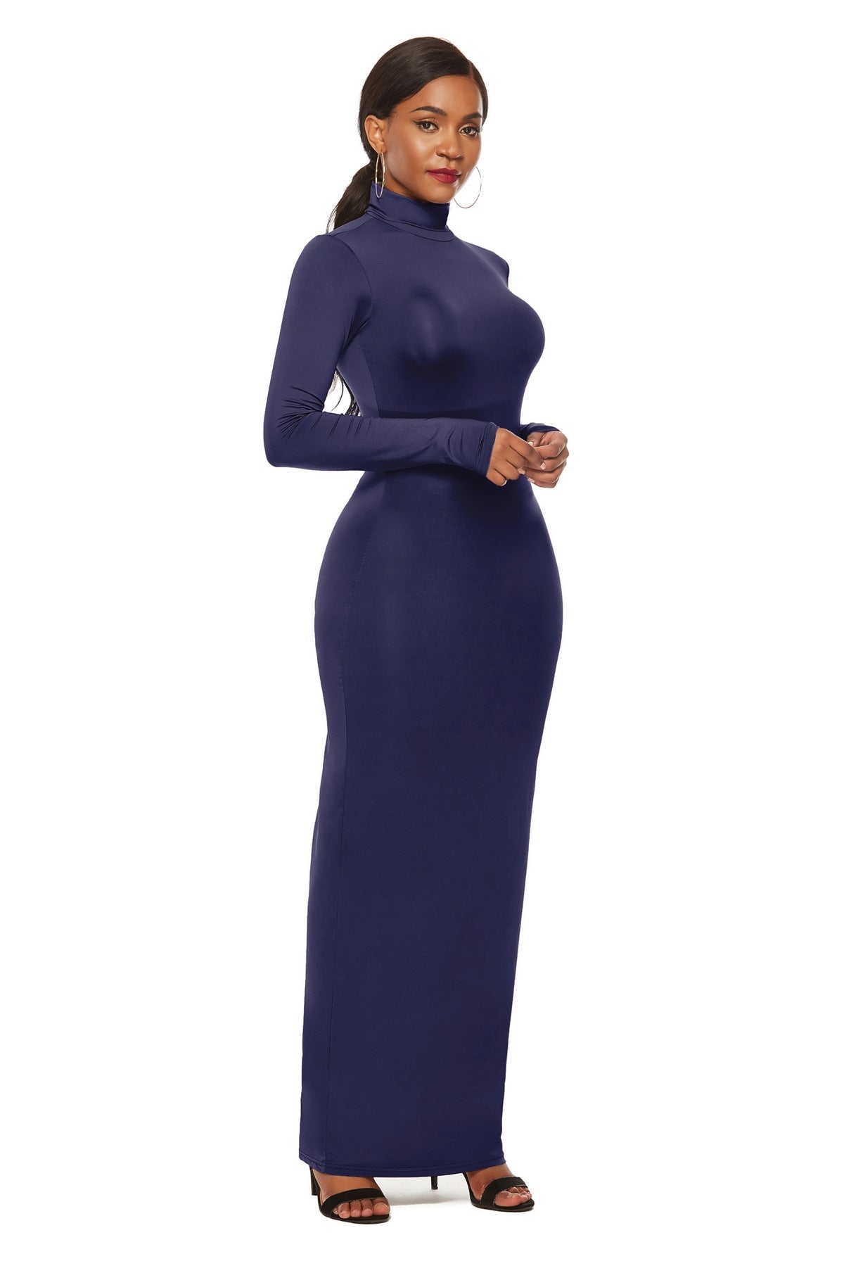 Turtleneck Long Sleeve Solid Color Bodycon Maxi Dress